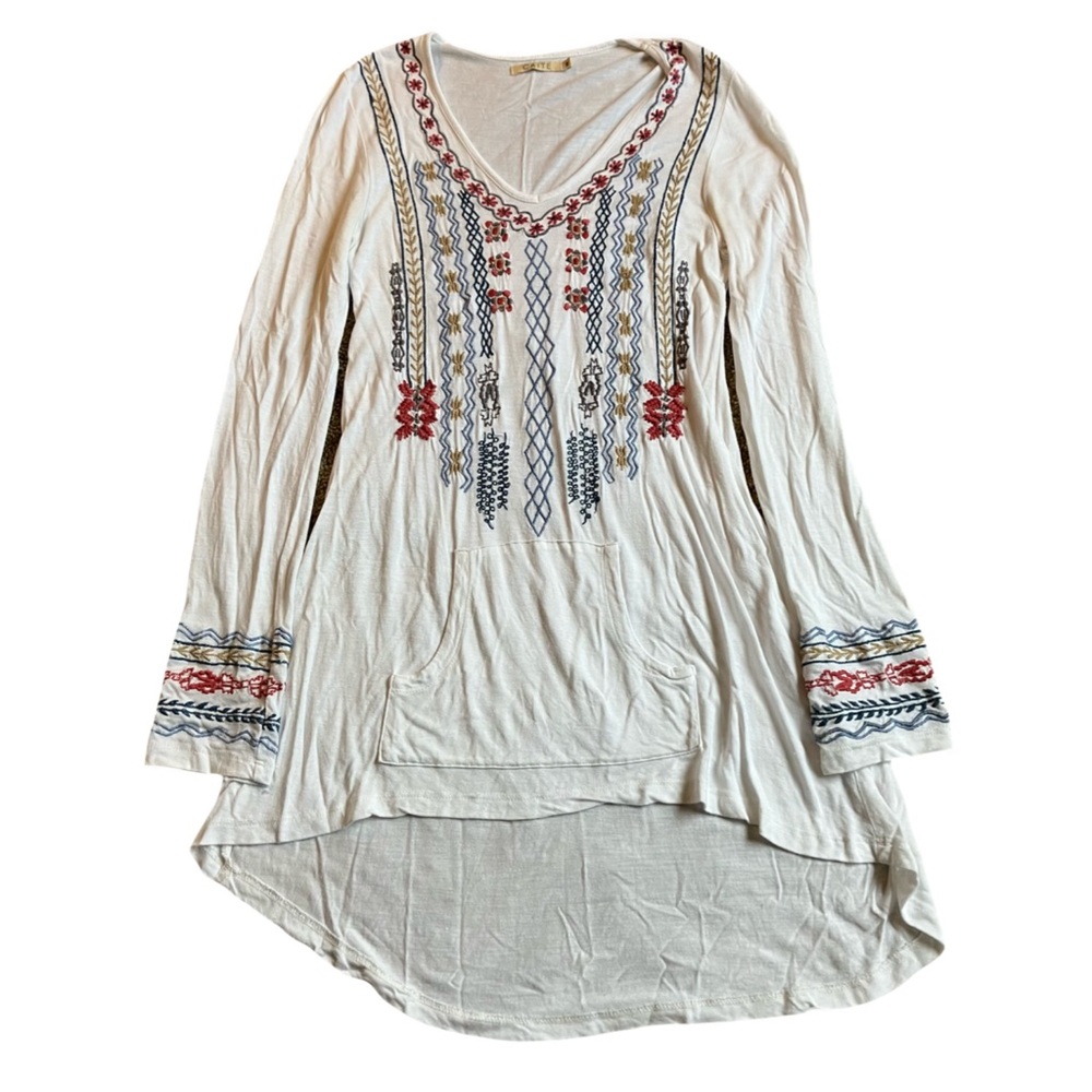 Caite Hi/Low Tunic Top, Sz. M, White w/ Colorful Embroidery, Long Sleeves